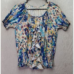 Red Hault Blouse Women XS Multi Tie Dye Ruffle Pleated Short Sleeve Button Front